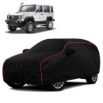 Sulfar 100% Water Resistant Car Body Cover Compatible With Mirror For Force Gurkha (Triple Stitched, Full Bottom Elastic, Black With Red Piping)