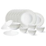 Larah By Borosil Ora Gold Fluted Series Opalware Dinner Set | 23 Pieces For Family Of 6 | Microwave & Dishwasher Safe | Bone-Ash Free | Crockery Set For Dining & Gifting | Plates & Bowls | White