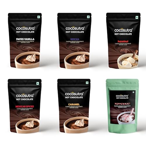 Cocosutra Sugar-Free Drinking Chocolate Mix | 18 Single-Serve Sachets (20G Each) | 3 Sachets Each Flavour | Swiss Vanilla, Mocha, Caramel, Hazelnut, Mexican Spiced & Peppermint | Zero Sugar | Low Carb | Low Calorie | Stevia & Erythritol Sweetened | 360 G