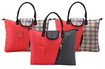 Urbane Home Pack Of 3 Foldable Shopping Bags For Women With 3 Small Pockets | Grocery/Vegetable Bags For Market | Black-Red, Blue-Maroon & Maroon