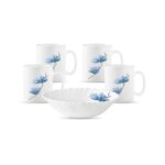 La Opala Diva Classique Collection Opal Glass Crockery | Gift Set Of 5 | Coffee Time Set 5 Pcs Floral Mist | Bowls & Coffee Mugs | Microwave Safe | 100% Vegetarian | Extra Strong | Light & White