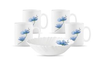 La Opala Diva Classique Collection Opal Glass Crockery | Gift Set Of 5 | Coffee Time Set 5 Pcs Floral Mist | Bowls & Coffee Mugs | Microwave Safe | 100% Vegetarian | Extra Strong | Light & White