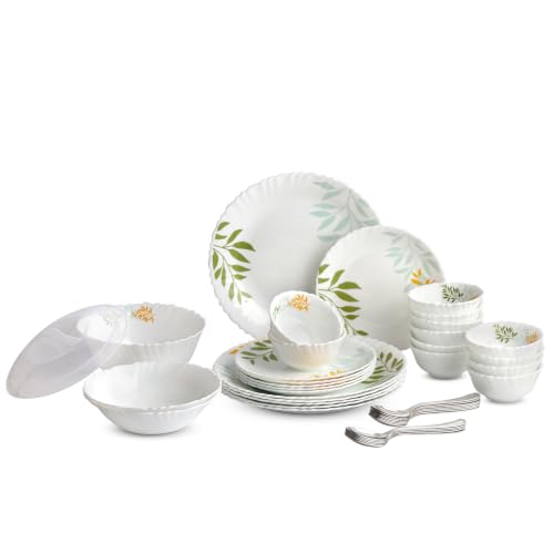 Cello Red Swirl Imperial Series Opalware Dinner Set Of 10 Pieces For Family Of 4 | Bone-Ash Free & Leadfree Opal Glass, Microwave & Dishwasher Safe Plates & Bowls Crockery Set For Dining & Gifting