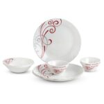 Cello Red Swirl Imperial Series Opalware Dinner Set Of 10 Pieces For Family Of 4 | Bone-Ash Free & Leadfree Opal Glass, Microwave & Dishwasher Safe Plates & Bowls Crockery Set For Dining & Gifting