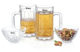 Treo By Milton Roarr 4Pcs Serving Set | 2 Premium Beer Mugs 405 Ml Each & 2 Stylish Tetris Bowls 170 Ml Each | Quality Glass | Ideal For Beverages, Snacks & Festive Gifting