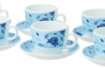 Larah By Borosil Rosa Blue Opalware Set – 6 X 220Ml Cups And 6 Saucer (12 Pieces) | Microwave And Dishwasher Safe | Crockery Set Ideal For Tea, Coffee, And Casual Meals