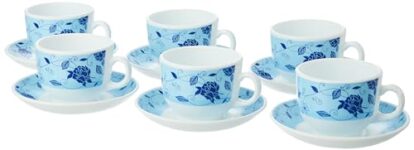 Larah By Borosil Rosa Blue Opalware Set – 6 X 220Ml Cups And 6 Saucer (12 Pieces) | Microwave And Dishwasher Safe | Crockery Set Ideal For Tea, Coffee, And Casual Meals