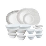 Larah By Borosil Classic Opalware Dinner Set, 33-Pieces, White