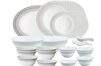 Larah By Borosil Classic Opalware Dinner Set, 33-Pieces, White