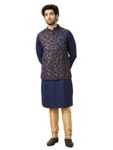 Manyavar Men’S Blended Viscose Self Design Full Sleeves Mandarin Collar Traditional Jacket Set (Blue,L)