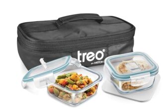 Treo By Milton All Weather Borosilicate Glass Square Set Of 2,320 Ml Each,Tiffin,Water Proof Carry Jacket,Microwave & Oven Safe,Leak Proof,Air Vent Lid,Scratch Resistant,Ideal For Office,School,Black