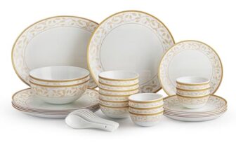 Cello Royal Amber Gold Divine Series Opalware Dinner Set Of 33 Pieces For Family Of 6 | Bone-Ash Free & Leadfree Opal Glass Microwave & Dishwasher Safe Crockery Plate Bowl Set For Daily Use & Gifting