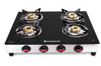 Wonderchef Galaxy 4 Burner Cooktop | 2 Medium, 2 Small Wide Spaced Burners | Highly Efficient Tri-Pin Brass Burners | Precise Flame Control | Bis Approved 6Mm Toughened Glass Top | 2 Year Warranty