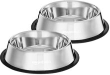 Amazon Basics Stainless Steel Pet Feeding Bowls For Dogs And Cats | Set Of 2 | 700 Ml Each | Dry Kibble, Wet Food, Water Bowl | No-Tip, Non Sliding Design | Dishwasher Safe