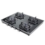 Kaff Gas Stove/Cooktop 4 Burners 63 Cm, Black Coated Brass Burners, Decorative Ss Moulded Strip On All Sides For Edge Protection Integrated Flame Protector Black | Ctq634B