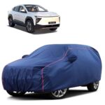 Sulfar 100% Water Resistant Car Body Cover Compatible With Mirror For Mahindra Xev 9E (Triple Stitched, Full Bottom Elastic, Blue Tafetta With Red Piping)