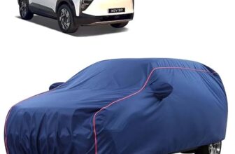 Sulfar 100% Water Resistant Car Body Cover Compatible With Mirror For Mahindra Xev 9E (Triple Stitched, Full Bottom Elastic, Blue Tafetta With Red Piping)
