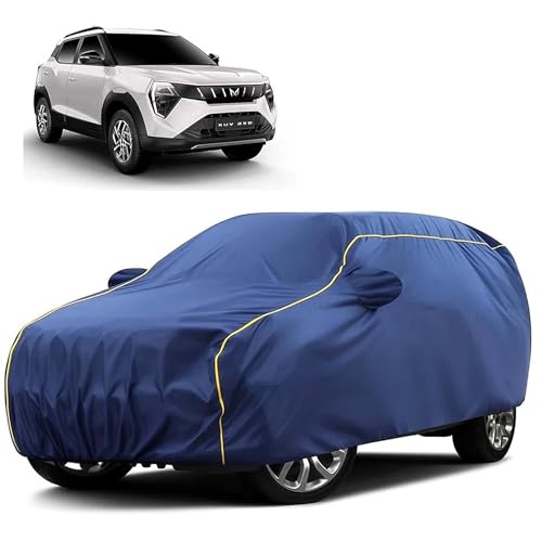 Sulfar 100% Water Resistant Car Body Cover Compatible With Mirror For Mahindra Xev 9E (Triple Stitched, Full Bottom Elastic, Blue Tafetta With Red Piping)