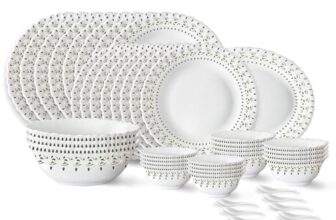Larah By Borosil Ora Gold Fluted Series Opalware Dinner Set | 44 Pieces For Family Of 8 | Microwave & Dishwasher Safe | Bone-Ash Free | Crockery Set For Dining & Gifting | Plates & Bowls | White