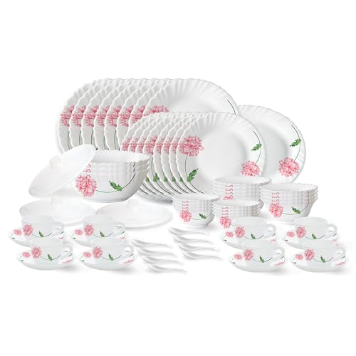 Larah By Borosil Ora Gold Fluted Series Opalware Dinner Set | 44 Pieces For Family Of 8 | Microwave & Dishwasher Safe | Bone-Ash Free | Crockery Set For Dining & Gifting | Plates & Bowls | White