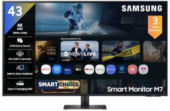 Samsung 43″(1.08M) 4K M7 Vision Ai Smart Monitor (Smartchoice) | Uhd 3840 X 2160 | Smart Tv Experience With Ai Picture & Sound|Type-C|Apple Airplay|Remote|Speakers|Wi-Fi|Bluetooth|Ls43Fm700Uwxxl|Black