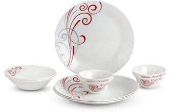 Cello Red Swirl Imperial Series Opalware Dinner Set Of 10 Pieces For Family Of 4 | Bone-Ash Free & Leadfree Opal Glass, Microwave & Dishwasher Safe Plates & Bowls Crockery Set For Dining & Gifting