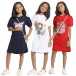 T2F Girls Puffed Sleeve 100% Cotton Knee Length Printed Nightgown, Nightdress, Sleepwear (Pack Of 3)
