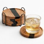 Coaster Set Of 4 For Dining Table – Premium Wooden Coasters With Resin Design & Metal Holder – Tea, Coffee & Glass Drink Coasters – Luxury Table Coasters For Office Desk, Kitchen & Home Decor