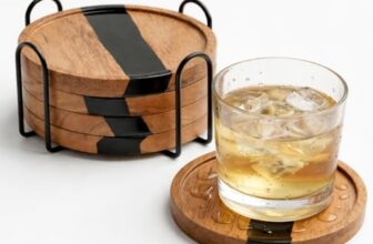 Coaster Set Of 4 For Dining Table – Premium Wooden Coasters With Resin Design & Metal Holder – Tea, Coffee & Glass Drink Coasters – Luxury Table Coasters For Office Desk, Kitchen & Home Decor