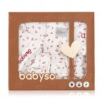 Babyso Premium 7-Piece Newborn Gift Set, 100% Cotton Baby Clothing Essentials, Shirt, Shorts, Cap, Mittens, Booties, Napkin, Perfect Box, 0-6 Months (Cherry Print)
