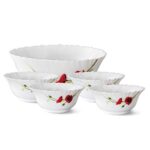 Larah By Borosil Red Carnation Fluted Series Opalware 5 Pcs Pudding Set | Microwave & Dishwasher Safe | Bone-Ash Free | Crockery Set For Dining & Gifting | Bowls Set | White