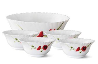 Larah By Borosil Red Carnation Fluted Series Opalware 5 Pcs Pudding Set | Microwave & Dishwasher Safe | Bone-Ash Free | Crockery Set For Dining & Gifting | Bowls Set | White